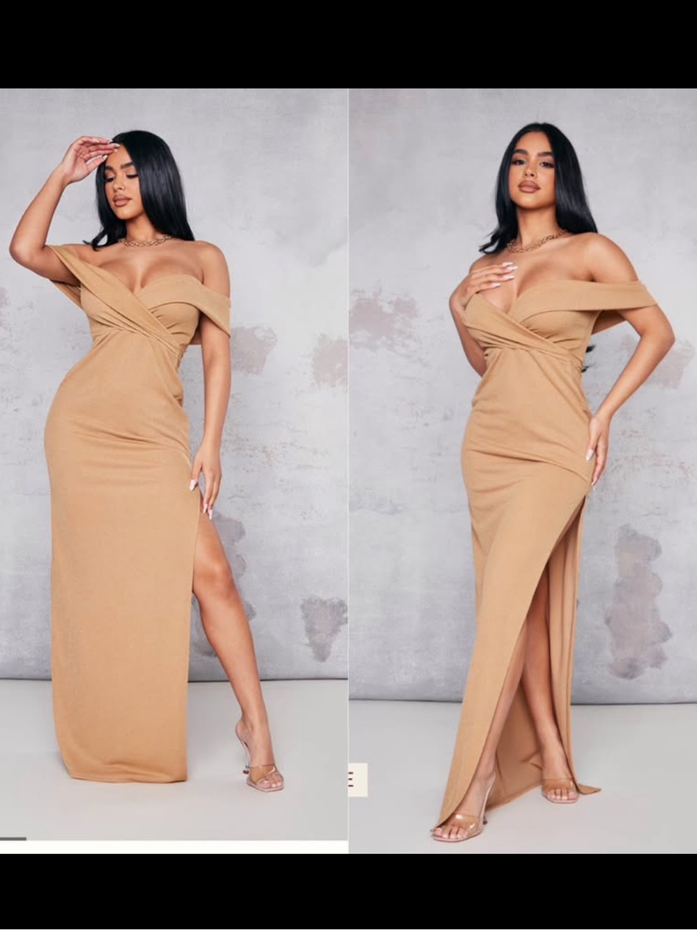 NWT Pretty Little Thing Bardot Neckline Glamorous Slit Party Dress. Sz 4